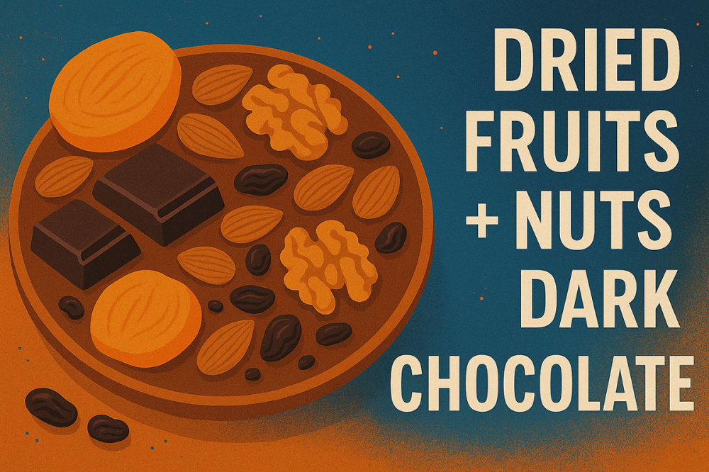 Dried fruits + nuts + dark chocolate